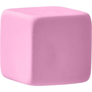 A pink rubber cube eraser with smooth edges, featuring a simple design and a logo.