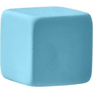 A blue cube-shaped rubber eraser with a smooth finish and rounded edges. It features a logo on one side.