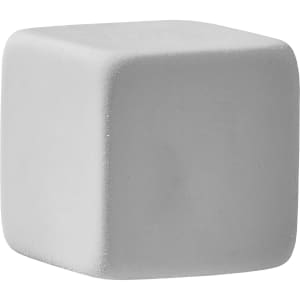 A grey cube rubber eraser with a smooth surface. The product has a branding logo on one side.