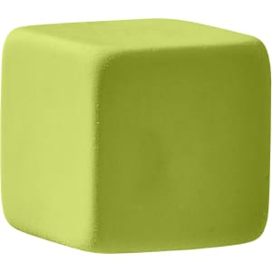 A green rubber eraser in the shape of a cube with rounded edges, featuring a logo on one side.