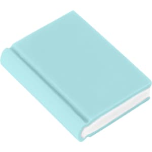 A book-shaped rubber eraser in a light turquoise colour with a glossy finish and a white edge.