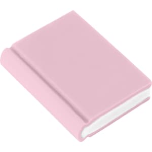A pink book-shaped rubber eraser with a smooth finish and a rounded spine, featuring a logo on the front.