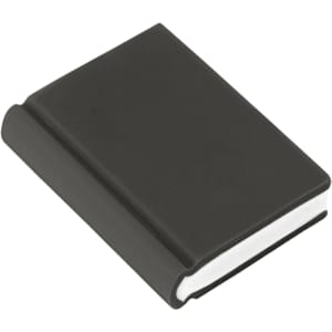 A book-shaped rubber eraser in black with a white bottom edge. It has a logo on the surface.