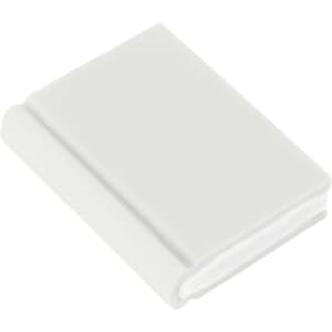 A white book-shaped rubber eraser featuring rounded edges and a smooth finish. It also has a logo on one side.