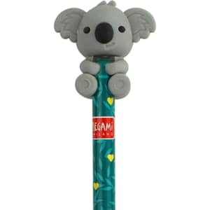 A grey koala-shaped pencil-top eraser on a teal pencil with leaf patterns and a logo.