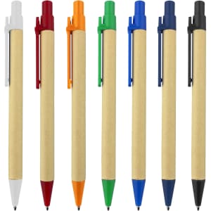 A set of eight recycled cardboard pens in white, red, orange, green, blue, and black. Each has a matching clip.