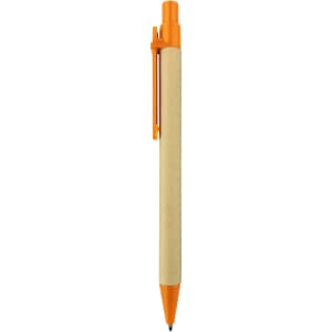 A recycled cardboard pen with an orange cap and clip, featuring a simple design and a logo.