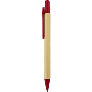 A recycled cardboard pen with a red click mechanism and clip, featuring a simple design and a natural finish.