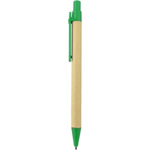 A recycled cardboard pen with a natural body and green accents. Features a clip and a logo.