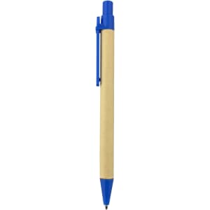A recycled cardboard pen with a blue plastic top and clip, featuring a simple design and branding.