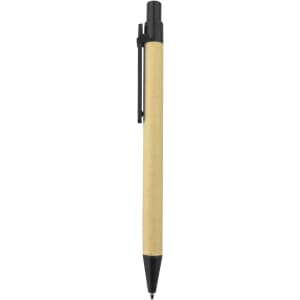 A recycled cardboard pen with a natural finish and black accents, featuring a clip and a logo.
