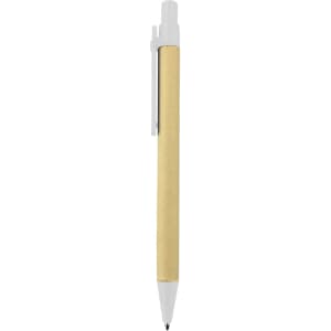 A recycled cardboard pen with a beige barrel and white clip. Features a logo on the body.