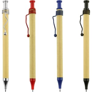 A collection of four recycled cardboard pens in silver, red, blue, and black, featuring sleek designs and coloured clips.