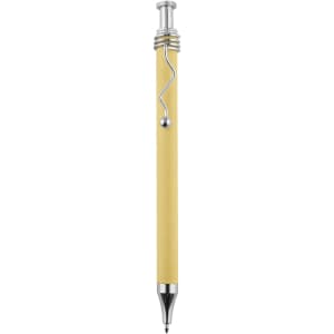 A yellow recycled cardboard pen with silver accents and a unique clip design. Features a logo on the barrel.