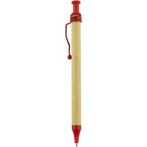 A red-tipped pen with a recycled cardboard body, featuring a clip and an end button. It has a logo.