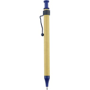 A recycled cardboard pen featuring a blue clip and accents, with a simple design. It has a logo on the barrel.