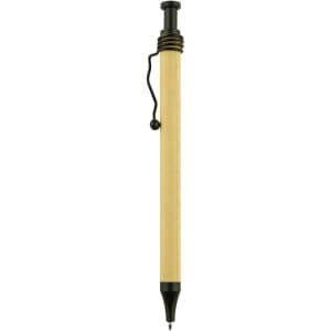 A recycled cardboard pen in natural beige with black accents and a clip, featuring a branding logo.