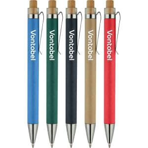 A set of five recycled cardboard pens in green, blue, black, brown, and red, with clips and branding on the barrel.