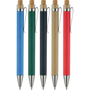 A collection of five recycled cardboard pens in blue, green, black, brown, and red with silver accents.