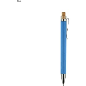 A blue recycled cardboard pen with a silver tip and a wooden detailing on the top, featuring a clip.