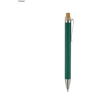 A green recycled cardboard pen with a bamboo top and a silver clip, showcasing a sleek and eco-friendly design.