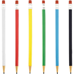 A collection of round mechanical pencils in white, red, yellow, green, blue, and black, featuring erasers and a logo.