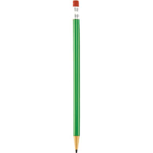 A green mechanical pencil with a clear cap and a pink eraser at the top, featuring a logo.