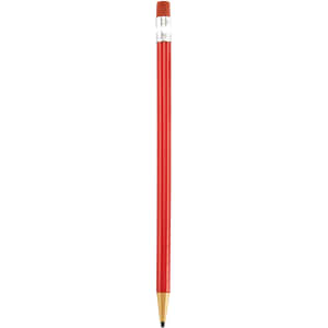A round mechanical pencil in vibrant red with a black tip and a white branding section.