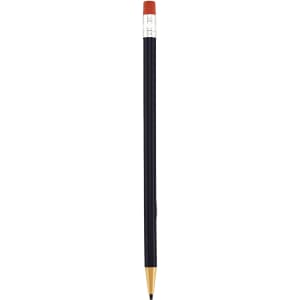 A round mechanical pencil in black with a red eraser and gold tip. The pencil features a logo.