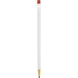 A round mechanical pencil in white with a gold tip and red eraser, featuring a branding logo.