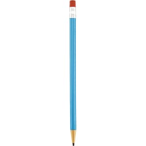 A round mechanical pencil with a blue body, red eraser, and black lead tip, featuring a logo on the barrel.