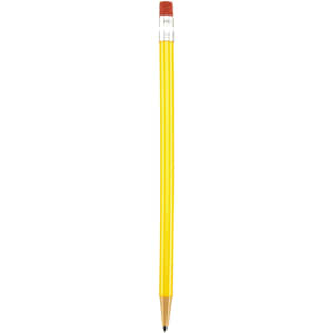 A round mechanical pencil with a yellow body and red eraser, featuring a silver tip and a logo on its side.