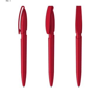 A red plastic pen with a clip, featuring a sleek design and cap. The pen has a logo on its surface.