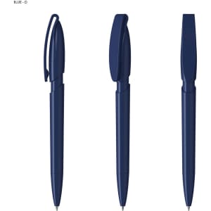 A set of navy blue plastic pens featuring a streamlined design and a clip for easy attachment.