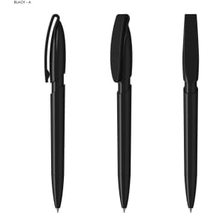 A set of three black plastic pens displayed from different angles, featuring a clip and smooth design.