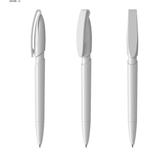 A white plastic pen with a smooth body and a removable cap, featuring a branded logo.