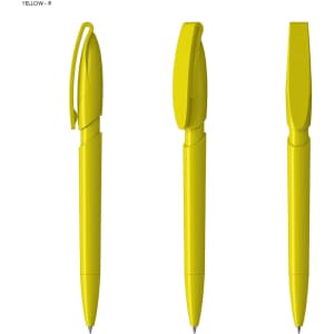 A plastic pen in bright yellow, featuring a clip and cap. The pen is displayed from three angles.