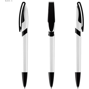 A set of black and white plastic pens, featuring a sleek design and a prominent clip. The image displays three angles of the pens.