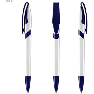 A set of three plastic pens in white and navy blue, featuring a clip and branding.