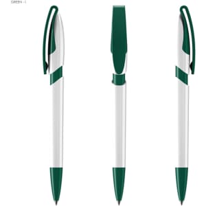 A set of green and white plastic pens featuring a streamlined design and clip for easy attachment.