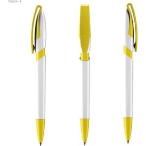 A plastic pen featuring a white body with yellow accents and a retractable tip, shown from multiple angles.
