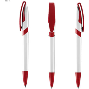 A plastic pen featuring a white body with red accents, including a click mechanism and clip. It has a logo.