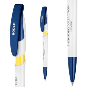 A plastic pen featuring a white body, blue cap, and yellow accents, with a logo on the side.
