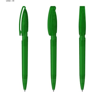 Three green plastic pens are displayed from different angles, each featuring a clip and a capped end.