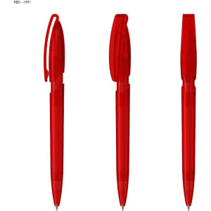 A trio of red transparent plastic pens, featuring a clip and retractable design, with branding.