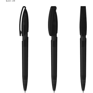 Three black plastic pens are displayed, featuring a sleek design and clip on the cap. The image includes a logo.