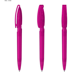 A set of three pink transparent plastic pens, each with a clip and a sleek design. They feature a logo on one side.