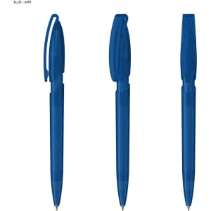 Three blue plastic pens with transparent barrels, featuring clips and retractable tips. The product includes a logo.