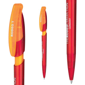 A plastic pen in red and orange with a transparent barrel and a removable cap, featuring a logo.