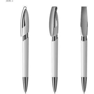A set of three white plastic pens with metallic accents and a logo visible on the barrel.